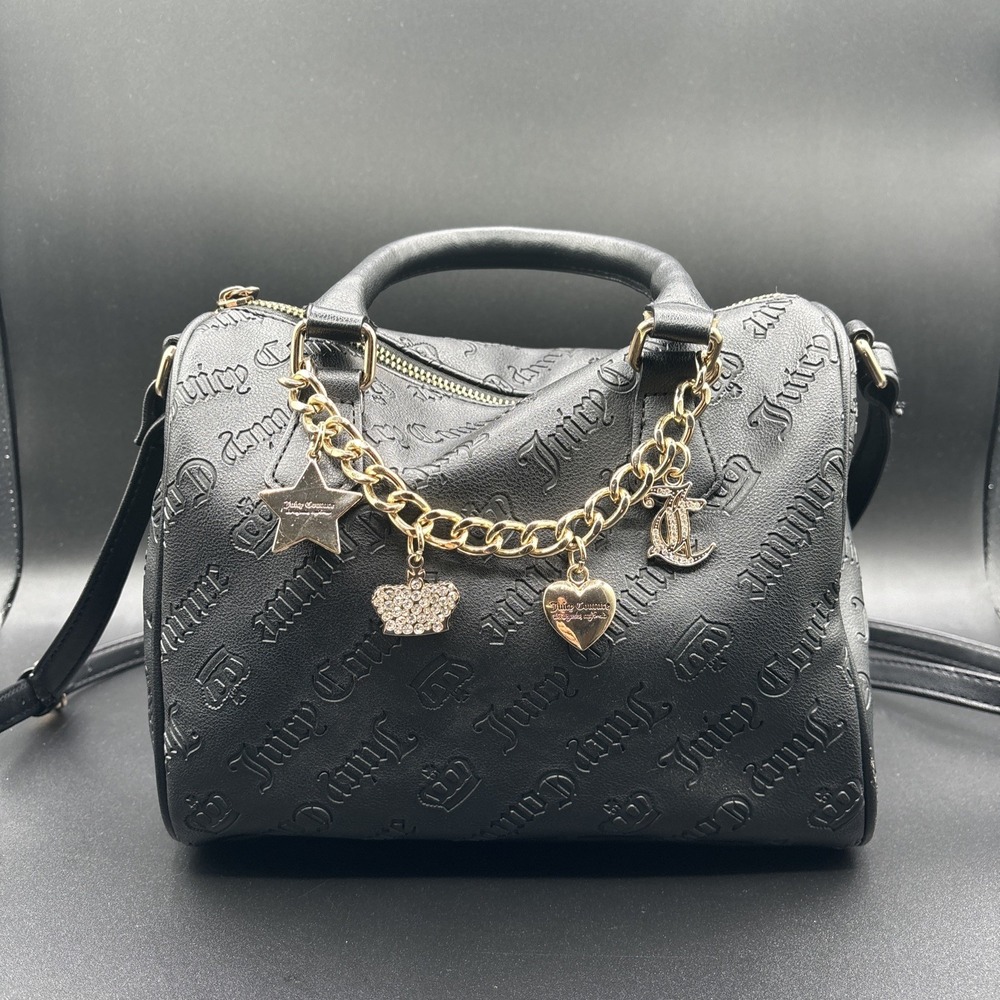 Juicy Couture Duffle Embossed‎ Logo Charms Boston Handbag Black Crossbody Purse